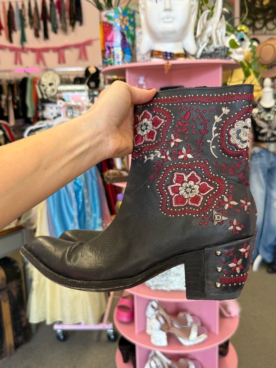 Old Gringo Shoes - Old Gringo Navy Leather Ankle Boots with Red Floral Embroidery